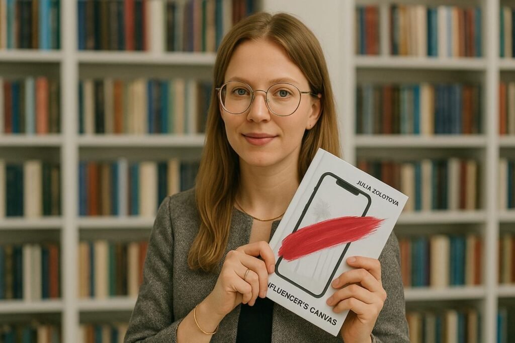 Writer Julia Zolotova with her book The Influencer's canvas at Waterstones Bishopsgate