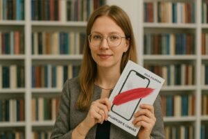 Writer Julia Zolotova with her book The Influencer's canvas at Waterstones Bishopsgate